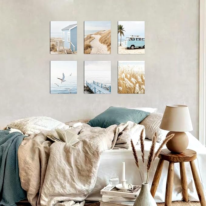 HOURIA Framed Beach Coastal Canvas Wall Art,(Set of 6,8”x10”) Neutral Beach Pampas Grass Seascape Wall Art, Blue Beach House Decor, Seagulls Van Summer Tropical Beachy Decorations