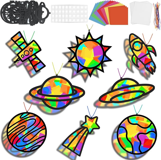 Lonfliness 32 Sets Solar System Suncatchers Crafts Kit DIY Outer Space Window Stained Glass Effect Paper Planet Home School Classroom Decoration Art Craft Creative Activity Project Gift Favor