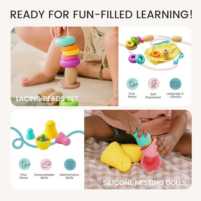 Tiny Land Montessori Baby Toy Set 16-18 Months 7 in 1 Adventure Kit | Ramp race track, shape sorting box, color matching, lacing beads, nesting dolls, animals board book, fine motor play gift