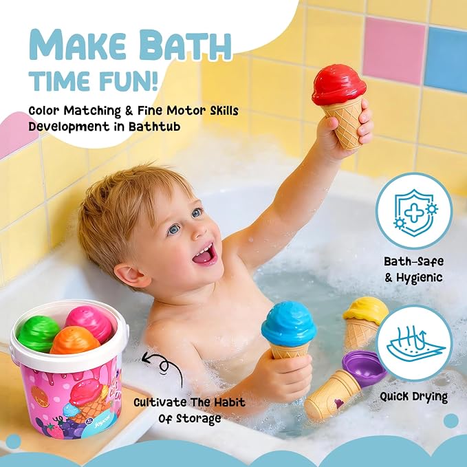 JoyCat Ice Cream Toy Set for Toddlers 1-5,Color Sorting & Stacking Toys | Match colors, stack scoops and serve pretend ice cream; included 7 cones and scoops support counting and little-hand play