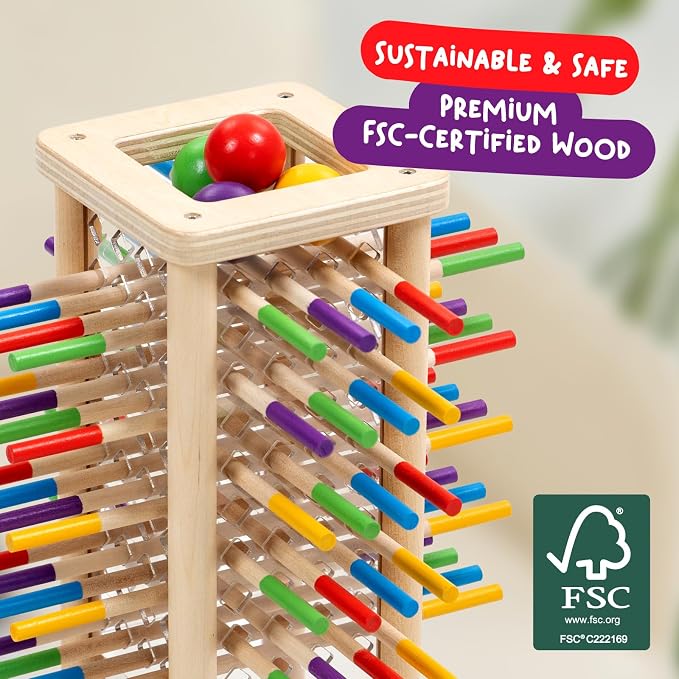 Nene Toys BALLFALL - Montessori Wooden Board Game for Kids Ages 3-9 – Educational Toy for Fine Motor Skills & Logical Thinking – Classic Family Tower Game with Colorful Sticks, Dice & Cards