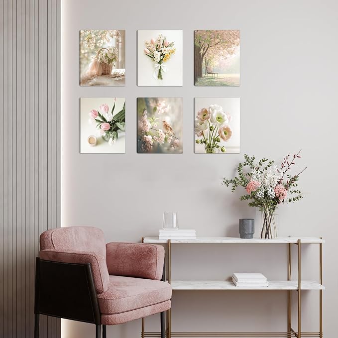 HOURIA 6Pcs Pastel Spring Framed Canvas Wall Art(12”x16”),Pink Tulip Floral Botanical Bird Wall Decor,Spring Decorations for Home Office