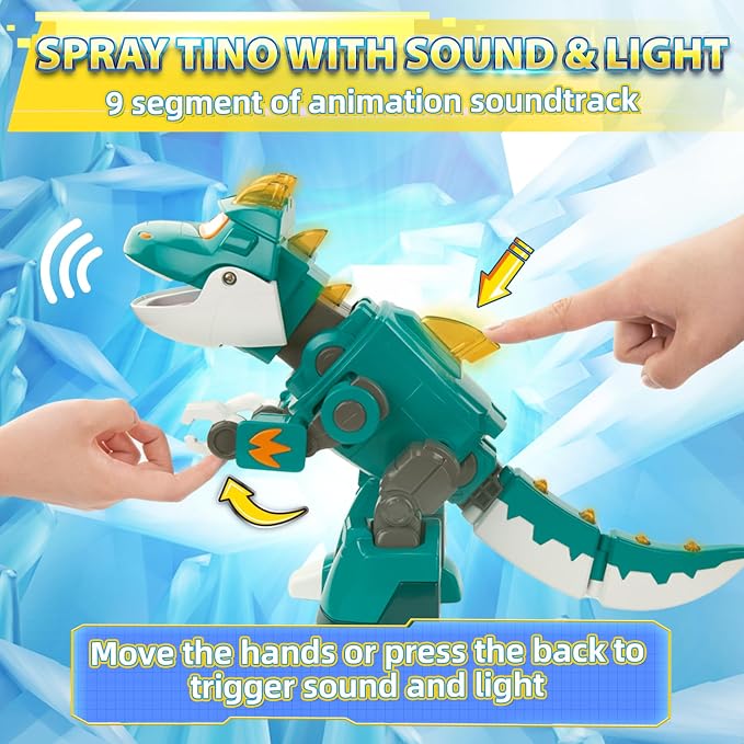 Super Wings Toys Tino 15inch Dinosaur, Season 6 New Character, Dinasour Action Figures with Water Mist, Flashing Light, Roaring, Dinosaur Toys for Kids 3-5 or 3+