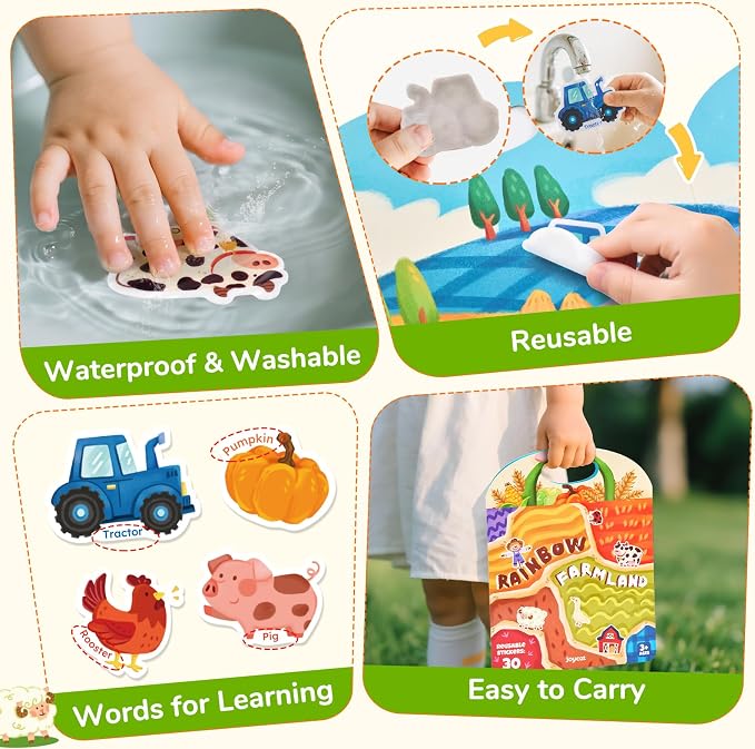 JoyCat Reusable Farm Animal Sticker Book, Travel Toys for Toddlers & Kids | Washable stickers make a kids' activity book for car, airplane and road trips; educational birthday gifts for boys and girls.