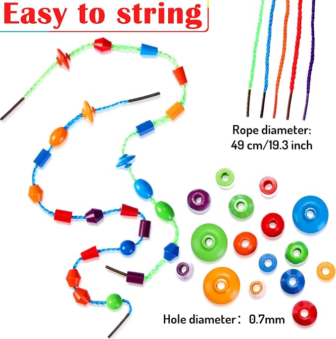 Shappy 324 Pcs Wooden Lacing Beads for Wooden String Beads Threading Toys Montessori Lacing Toys Fine Motor Skills Developmental Educational Plaything Sensory Occupational Activities Autism OT