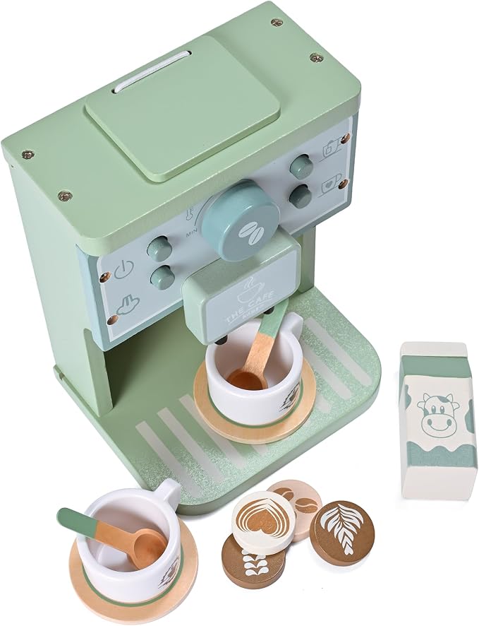 Green Coffee Maker Toddler Pretend Play Kitchen Accessories | Kids Wooden Toys Espresso Machine Playset Montessori Kitchen Toy Gift for Girls and Boys