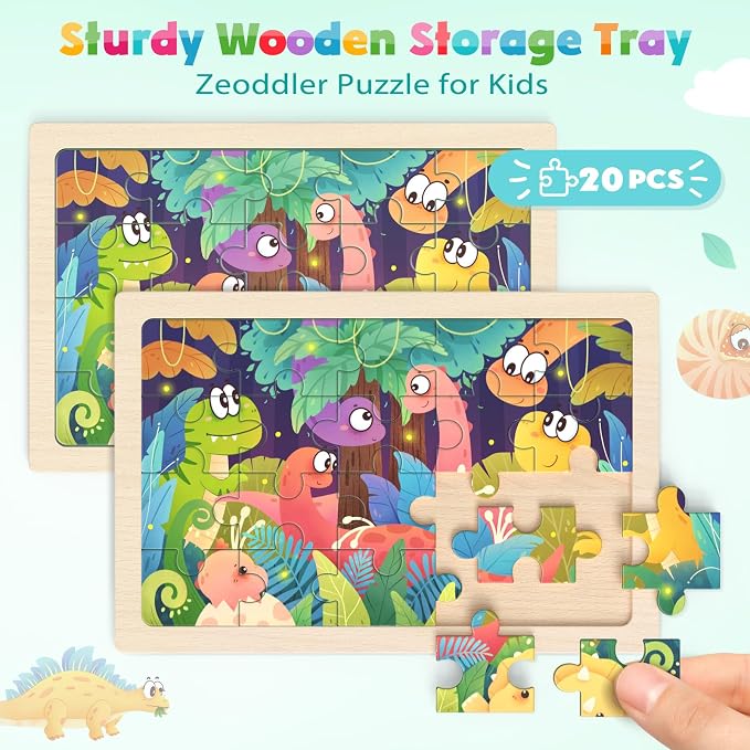 Zeoddler Wooden Puzzles for Kids 3-5, 4 Pack Dinosaur Jigsaw Puzzles for Toddlers, 20 Pieces Preschool Learning Activities, Learning & Educational Puzzles, Gift for Boys, Girls