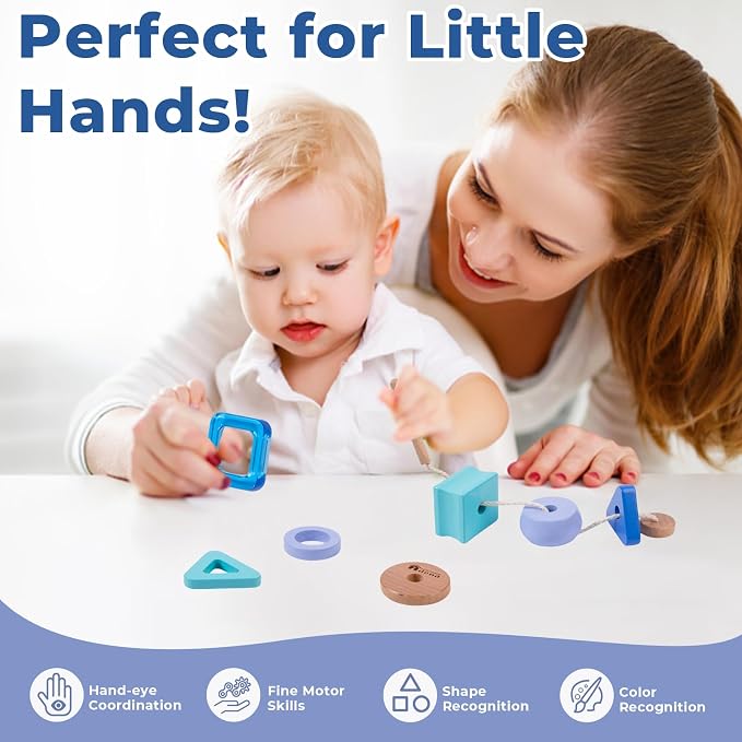Adena Montessori Wooden Stringing Beads Set, Blue, 1-3y | Safe wood, 25+ beads with string. Lacing builds fine motor, hand-eye & patience. Montessori learning. Gift 1-3y.