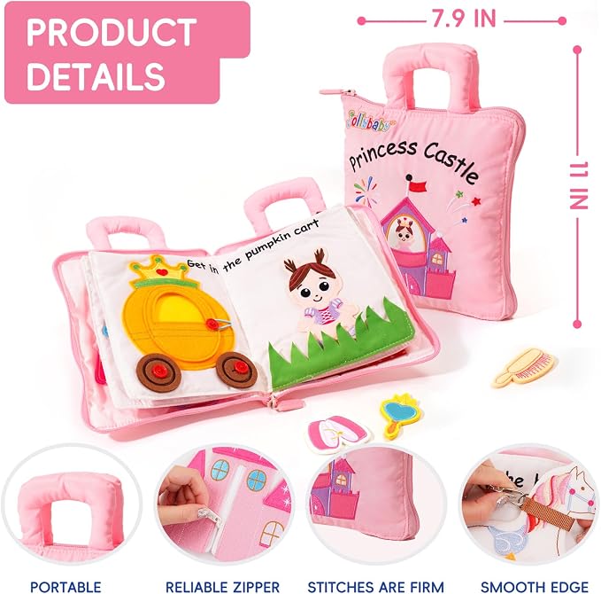 Jollybaby Baby Soft Busy Books - Princess Castle, Travel Toy & Montessori Sensory Educational, 10 Preschool Learning Activities for 2 3 4 Year Old Toddlers Boy Girl(Pink)
