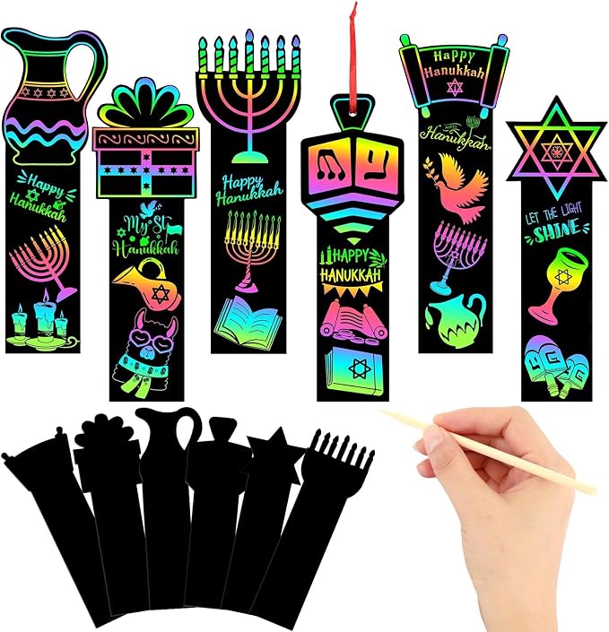 JUNEBRUSHS Scratch Bookmarks, Rainbow Magic Scratch Paper Art DIY Crafts Kit for Classroom Activity Gifts (Hanukkah Style)