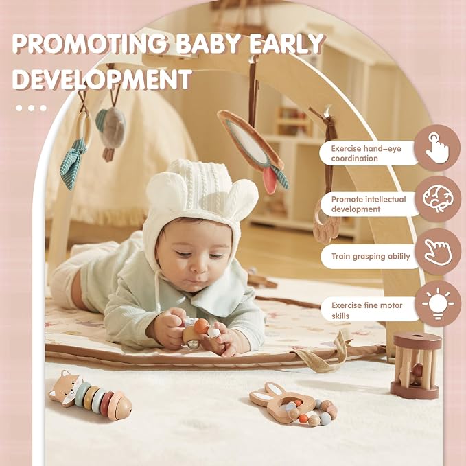 Freniland Wooden Baby Toy Set, Montessori Grasping Toys for Infants 10M+, Bunny & Bear Themed Natural Wood Sensory Toys, Fine Motor Skill Development Gift for Boys & Girls