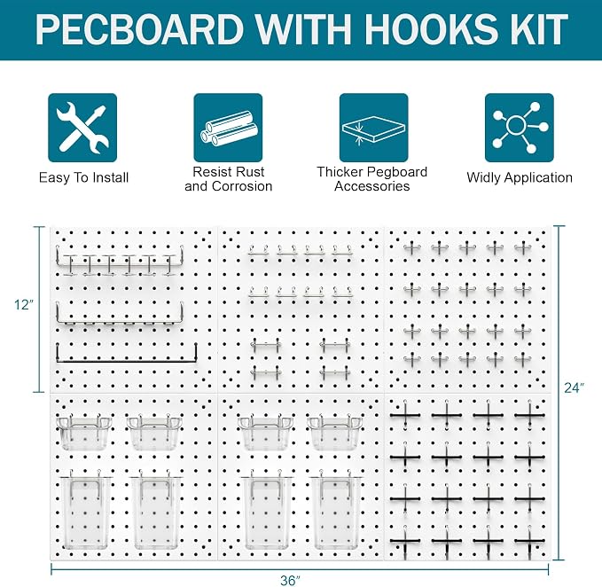 Peg Board Kit, Includes Pegboard and Accessories,with Hooks and Bins,Peg Board Wall Organizer for Office,Ornaments Display,Crafts Organization (129, White)