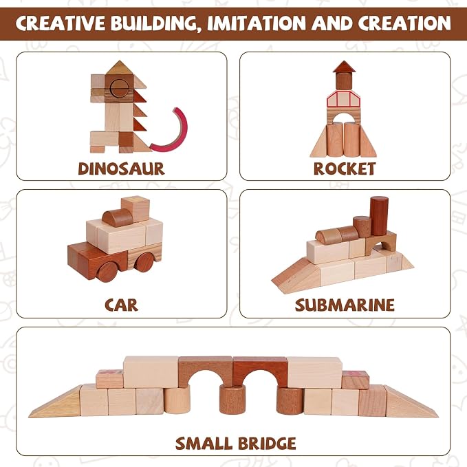 145-Piece Wooden Building Blocks Set –Dinosaur Park –Montessori Educational Construction Toy Made from 10 Premium Hardwoods, STEM Learning Blocks for Toddlers & Kids Ages 3–6