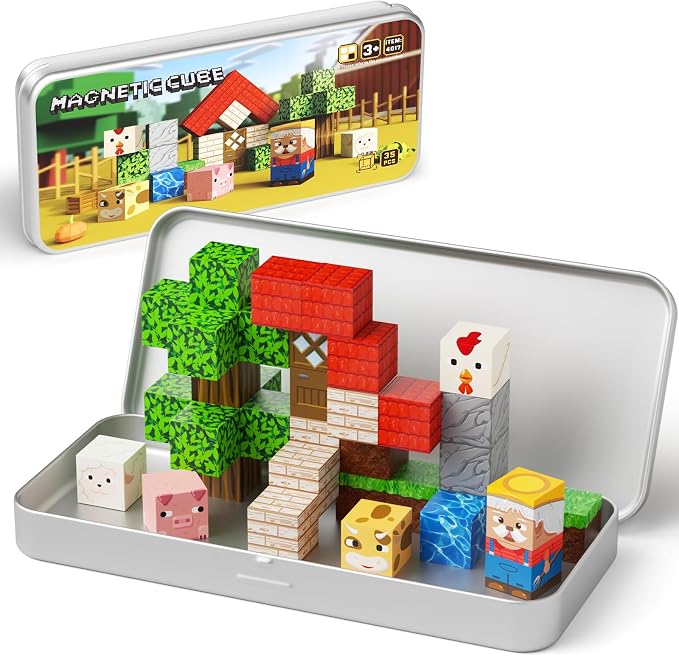 Mini Magnetic Travel Building Blocks: 35 PCS Farm Animals STEM Toys | Metal Storage Box as Play Base - Portable Magnets Cubes Road Trip & Airplane Activities Essentials for Kids Toddlers Ages 3-8