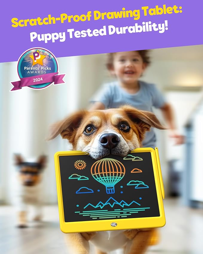 12 Inch LCD Writing Tablet for Kids, Coloring Drawing Pad, Mess Free Doodle Board, Airplane Travel Toys for Boys and Toddlers, Road Trip Essentials, Gifts for 3-8 Year Old Girls (Yellow)