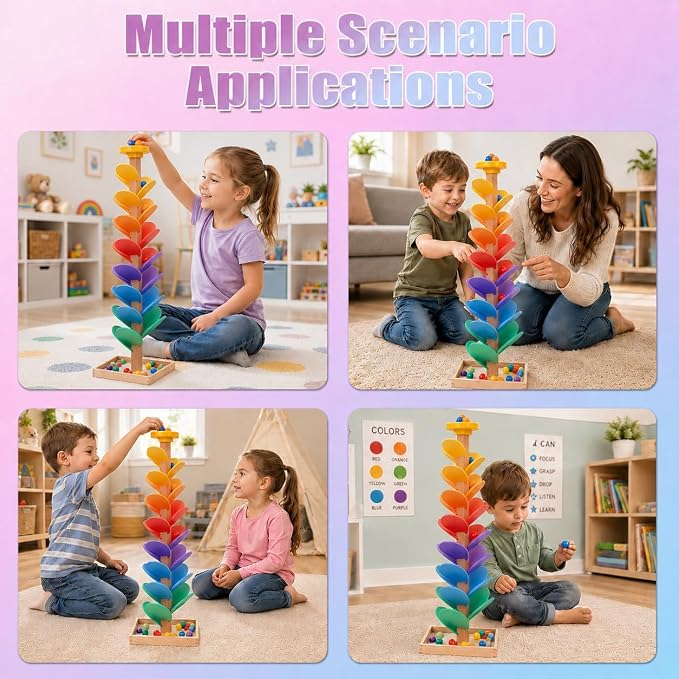 Wooden Marble Run Music Tree, Marble Run Montessori Toy for Kids Ages 3+ | Solid wood rainbow tree ball drop toy for cause effect play, color sorting, fine motor skills, sensory sound, screen free fun