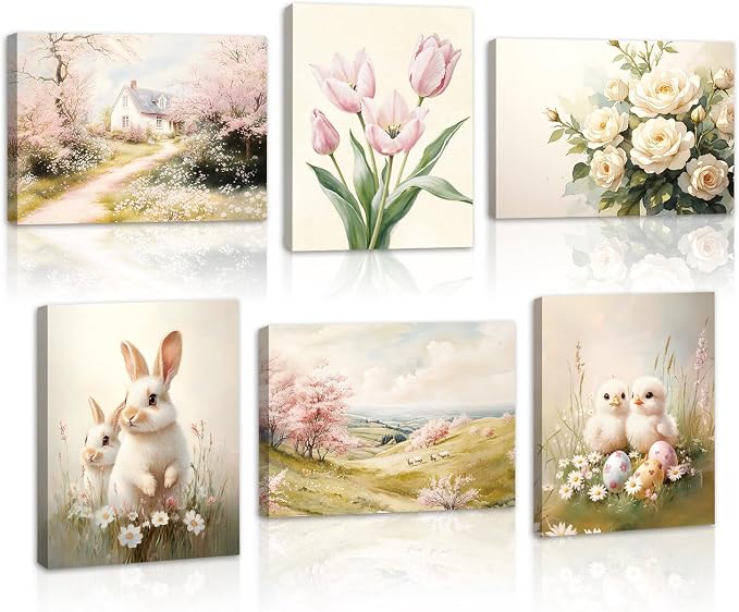 HOURIA 6Pcs Framed Spring Canvas Wall Art(8”x10”), Eggs Bunny Chicks Easter Wall Decor, Vintage Spring Tulip Floral Wildflowers Cottage Landscape Art Prints for Farmhouse Living Room Bedroom Nursery