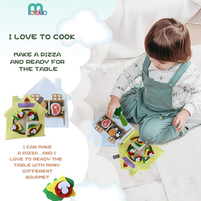 Quiet Book for Toddlers 1-3,Fun Interactive Busy Book with Cooking,Fishing,Planting,Pizza Making & Dinner Prep – Montessori Toy (Kitchen Story)