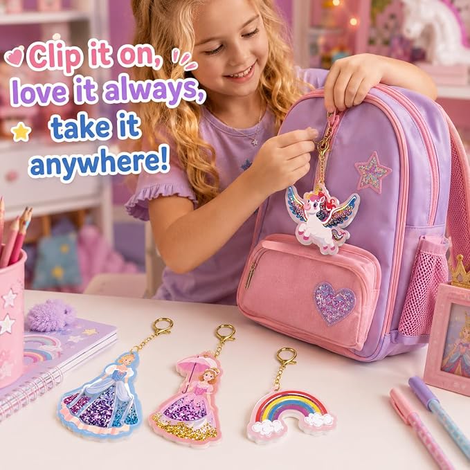 DIY Glitter Craft Kit with Keychains - Mess-Free Arts and Crafts for Kids Ages 4-8, Fun Shake-It Activity, Creative Travel Toys, Party Favors & Birthday Gifts for Girls 4-9