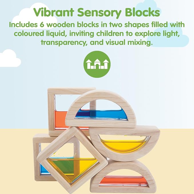 PlanToys® Water Blocks Wooden Montessori Sensory and STEM Building Toy | Light, Colour, Creativity and Fine Motor Skill Development | Eco Friendly Open Ended Learning Activity