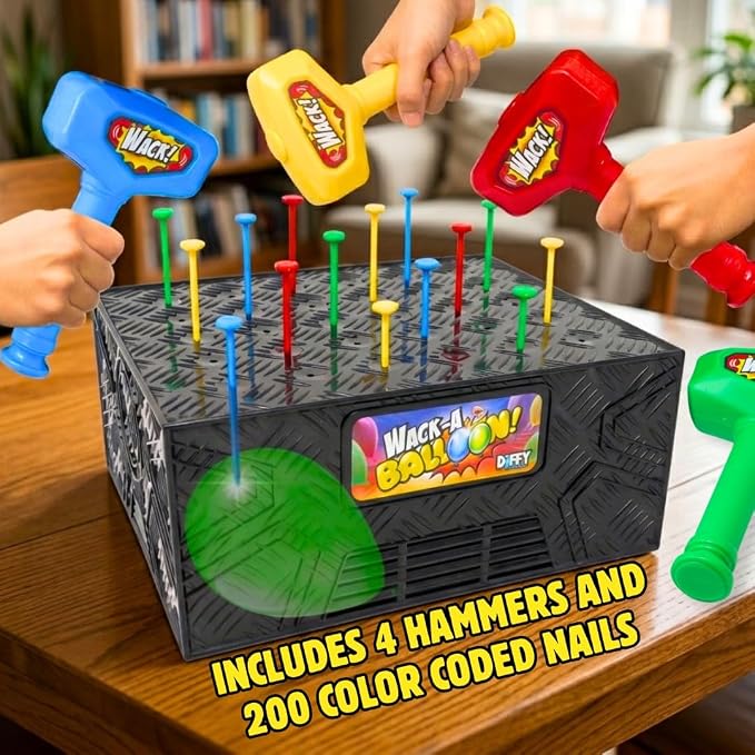 Wack A Balloon Party Edition Pop Game for Kids & Adults, Family Fun | 400 balloons, 200 nails, 4 hammers, 28 challenge cards, spinner, inflator, reusable ties, ages 4+