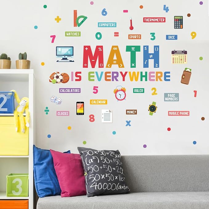 LHIUEM Math Learning Peel and Stick Wall Decals 33”X24” Educational Classroom Wall Stickers Colorful Math Symbols Wall Decals Removable Self Adhesive Renter Friendly Mural for Elementary Classroom