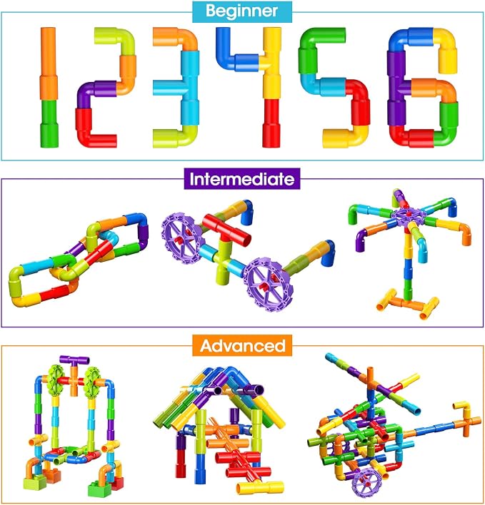 burgkidz STEM Tube Building Set: 188 Pcs Build Cars w/Wheels & Tub | Build cars, planes, houses & more: 162 tubes, 24 wheels, 2 baseplates. Compatible w/ major brands. Guide & tub included