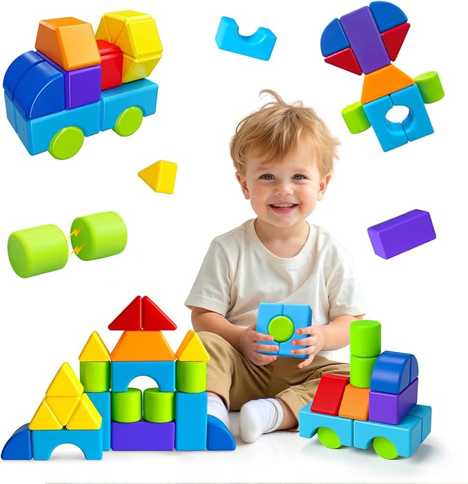 Pairez Toys Multi-Shape Magnetic Blocks, Large Building Blocks Set | 20 PCS Blocks, 7 Colors & 7 Shapes, Stack & Build, Sensory Click Sounds, Montessori Learning Toy, Travel Toys for Kids 3-5