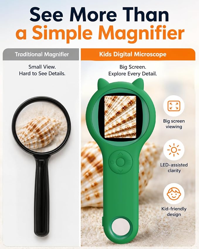 Nature Exploration Microscope for Kids, 500X Portable Digital Microscope with 2" IPS Screen, Plant Leaf Observation STEM Toy Age 5-12 (Green)