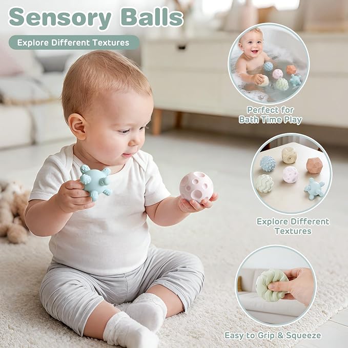 Baby Toys 6-12 Months,Montessori Toys for Babies,Stacking Cups,Shape Sorter | Sorting & Stacking Toys, Sensory Balls, Silicone Teething Toys for 6+ Months, Newborn Toys, Neutral Color Gift for Boys Girls