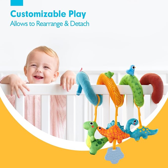 hahaland Car Seat Toys for Babies 0-6 Months Boy Stroller Toy Dinosaur | Baby Toys 0-6 Months - Rattle, Mirror, Crinkle, Squeaky, Developmental Carseat Toy Hanging Travel Birthday Gift for Infants