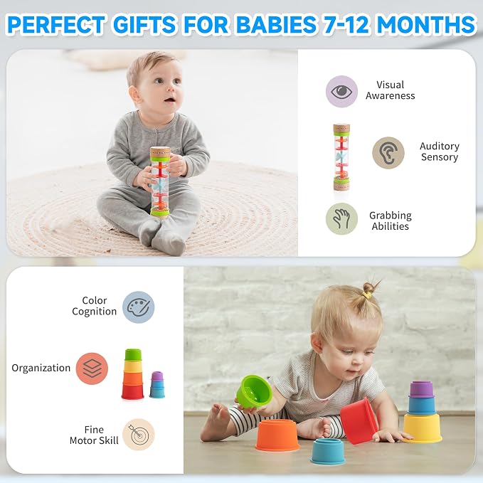 WOODMAM Montessori Toys for Babies 7-12 Months, 9 in 1 Educational Play Kit | Baby Toys 7-12 Months, Object Permanent Box, Stacking Cups, Mirror Puzzle, Ring Stacker, Baby Learning Toys, Baby Gifts