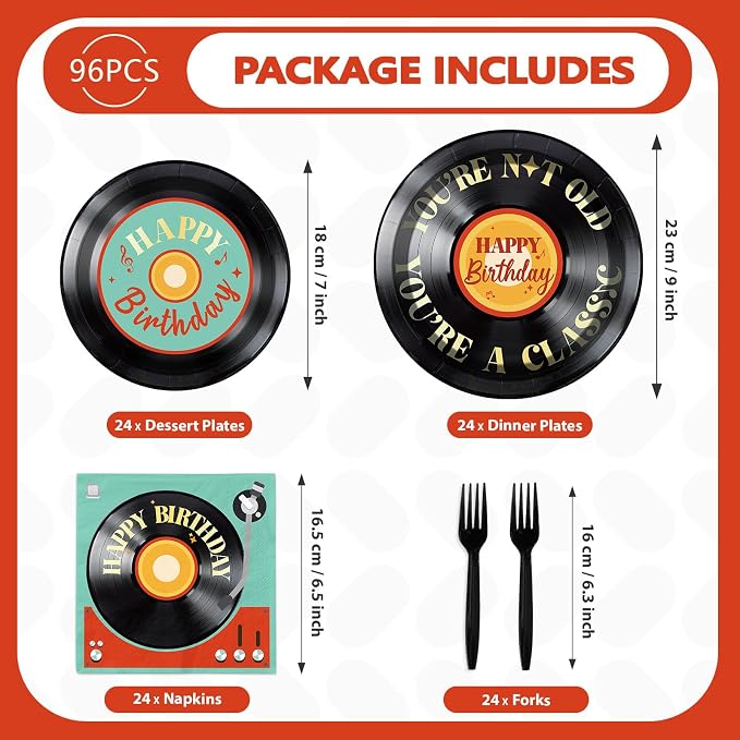 96Pcs Vinyl Record Birthday Party Decorations for Men Women, Serves 24 | Rock and Roll Music Plates and Napkins Karaoke Tableware Set for Vintage Disco Rock Music Birthday Party Supplies