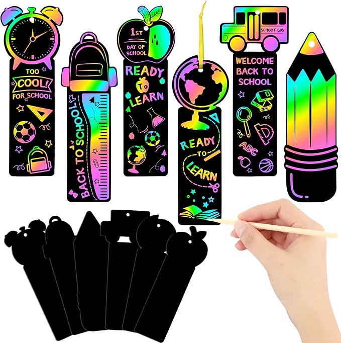 JUNEBRUSHS 30Pcs Welcome Back to School Scratch Bookmarks Rainbow Scratch | Back to School DIY Craft Kit, First Day of School Gifts for Students , Classroom Activity, Party Favors
