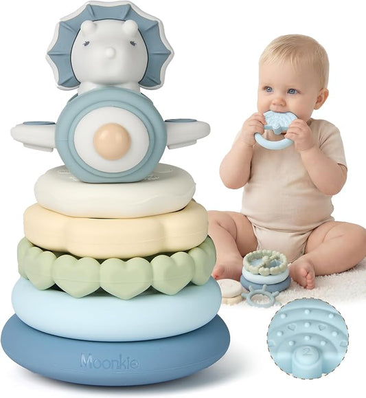 Moonkie Dinosaur Baby Stacking Toys | 7-Piece Silicone Rings for Teething Relief | Educational Toy for Infants & Toddlers 6 Months+ | Baby Shower or Birthday Gift for Boys