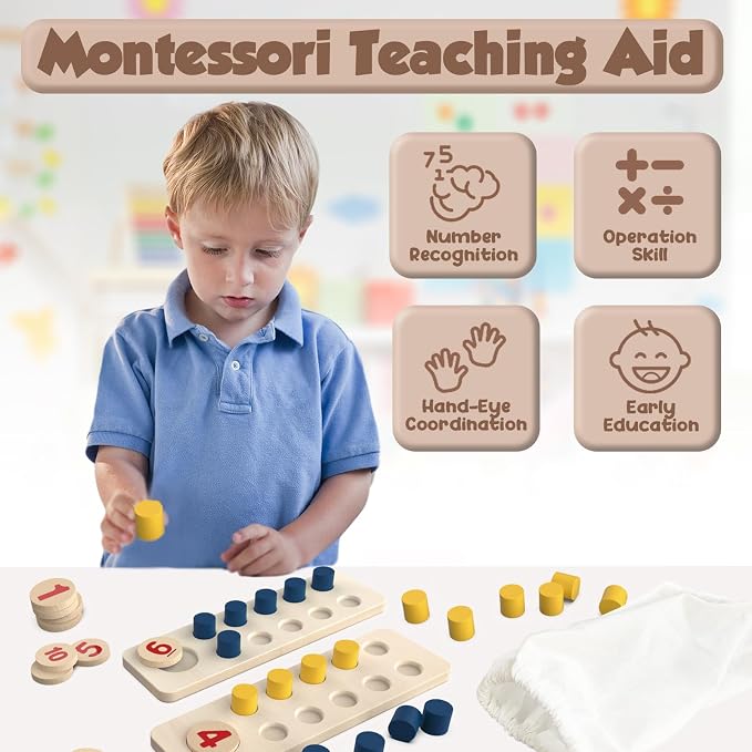 Counting Peg Board Montessori Toys for Kids Aged 3 4 5 6 Years Old, Montessori Math Manipulatives Materials Wooden Preschool Learning Number and Counting Games for Home School Classroom Teaching