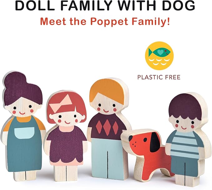 Mentari Toys - Doll Family with Dog - 5pc Solid Wood Doll Set with Playful Pup - Perfectly Sized for Pockets and Little Hands - Encourages Imaginative Play and Social Skills - Age 12m+