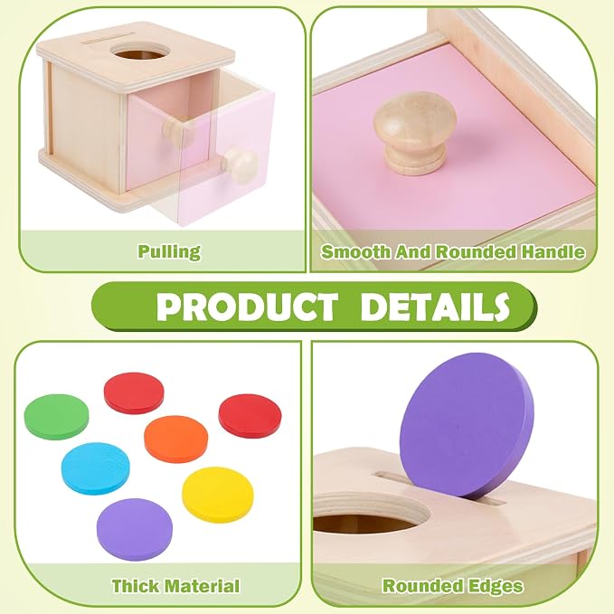 Adena Montessori Pink Wooden Coin Box 2 in 1 Object Permanence Toy 6+ Mo | Includes 6 colorful wood discs and a ball, works as color shape sorter and baby toy storage, smooth burr-free linden wood