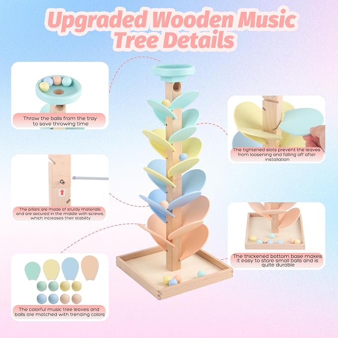Wooden Marble Run Ball Drop Montessori Toy 4-8 Boys Girls (Height: 20.5") | Kids Wood Music Tree Marble Ball Run Game 3-5 8-12 Years Old Learning Color Sorting Sensory Toys Birthday Gift