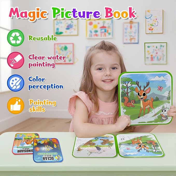 Bresdim Water Coloring Book, 4 Pack Water Painting Books for Toddlers 1-3 | Reusable Fairy Tale Animal Mess Free Coloring Book with Water Pen, Magic Paint with Water Book Travel Toy for Kid 3–6