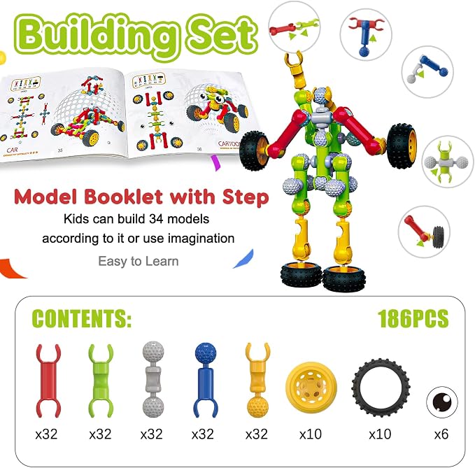 Qirptey Kids STEM Building Toys for 3 4 5 6 7 8+ Year Old Boy Birthday Gift | 186 Pcs Educational Building Blocks Games for Kids Ages 3-5 4-8 5-7 ,Preschool Kindergarten Manipulatives Classroom Must Have