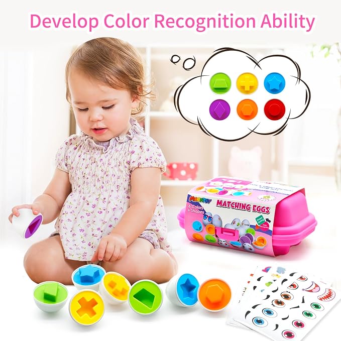 MOONTOY 6PCS Kid Easter Eggs Montessori Toys for 18M+ Year Old Boy Girl | Easter Matching Eggs, Educational Color Sorting Kid Puzzle, Cognitive Shape Sorter, Gifts for Kids Easter Basket Stuffers