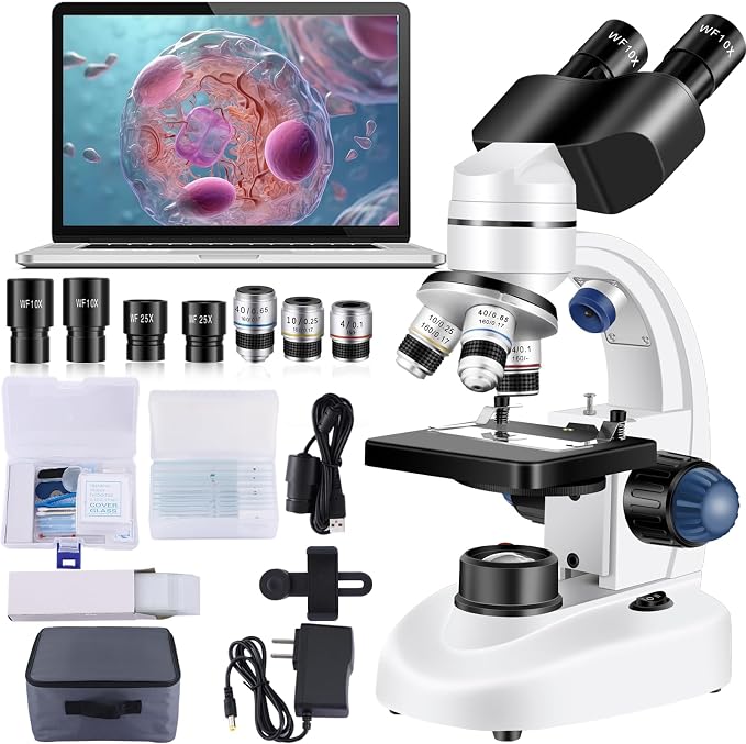 Microscope for Adults WF10x and WF25x Eyepiece | Woehrsh Microscopes 40X-2000X Magnification USB Camera, Microscope for Adults Suitable for Laboratory School