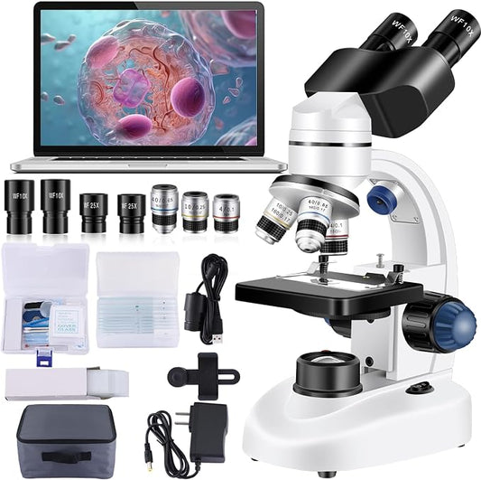 Microscope for Adults WF10x and WF25x Eyepiece | Woehrsh Microscopes 40X-2000X Magnification USB Camera, Microscope for Adults Suitable for Laboratory School