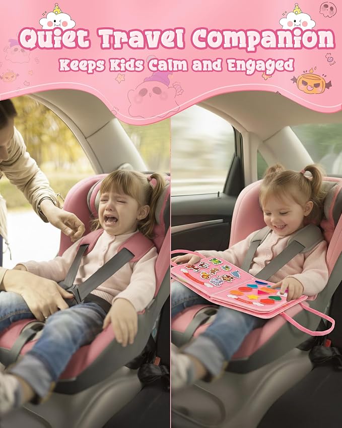 Pink Montessori Busy Board for Toddlers,8-Page Sensory Activity Book for Fine Motor Skills & Basic Dress Learning, Portable Travel Toy for Preschool Kids, Portable Travel Gift for Preschool Girls