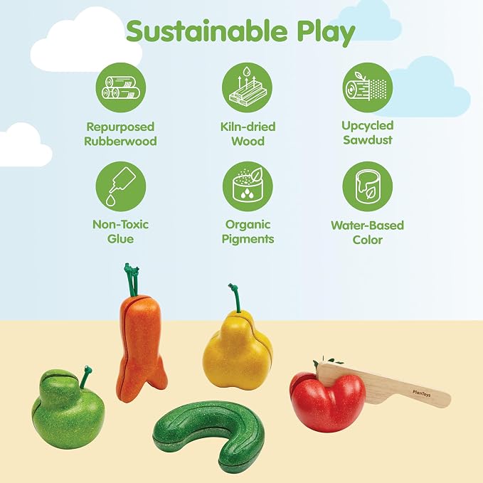 Plan Toys 3495 Wooden Toy, Wood | slicing, knife, tray, fruits and vegetables toys, pretend food, girls, boys, fine motor role play, social gift preschool