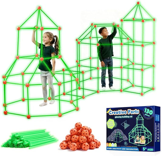 Tiny Land Glow Fort Building Kit for Kids Ages 4-12, STEM Building Toy | 86 Glow-in-the-Dark Rods & 44 Balls, Builds Forts, Tunnels & Castles, Indoor/Outdoor Play, Storage Bag, STEM Gift for Kids