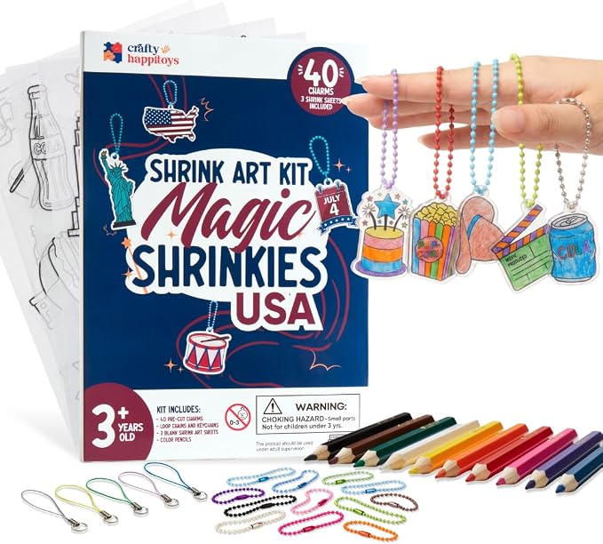 Shrink Art Keychain Kit for Kids - 40 Pre Cut USA Charms to Color & Bake | Kids color 40 pre-cut USA shrink plastic charms, bake & shrink them into keychains & bag tags - 10 colored pencils included