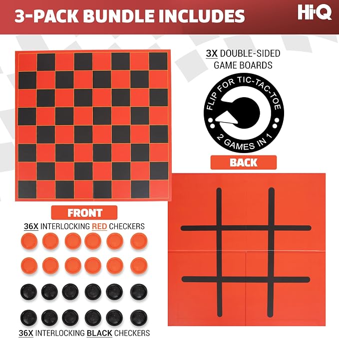 HI-Q Checkers & Tic-Tac-Toe Board Game Set – Multi-Pack Bundle for Family Game Night & Classrooms – Features Interlocking Stacking Pieces & Folding Board – Ages 6+