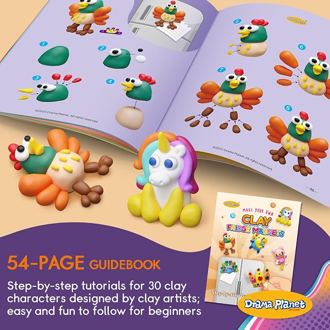 Drama Planet Make Your Own Clay Fridge Magnets Kit for Kids | Air-Dry Clay Crafts, Includes Instruction Book with 30 Designs, Makes 12 Fridge Magnets